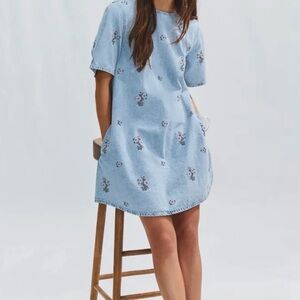 Next Floral Cross-Stitch Denim Shift Cotton Mini Dress, Size Large